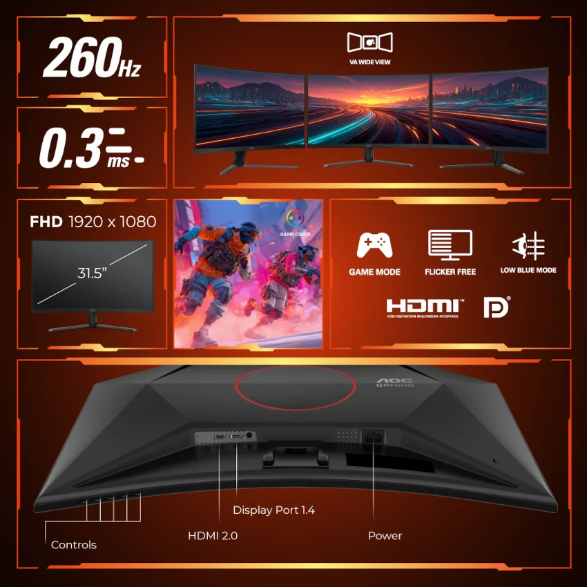 AOC C32G42ZE 31.5" FHD (1920 x 1080) 260Hz Curved Gaming Monitor - HDMI and DisplayPort - Image 7