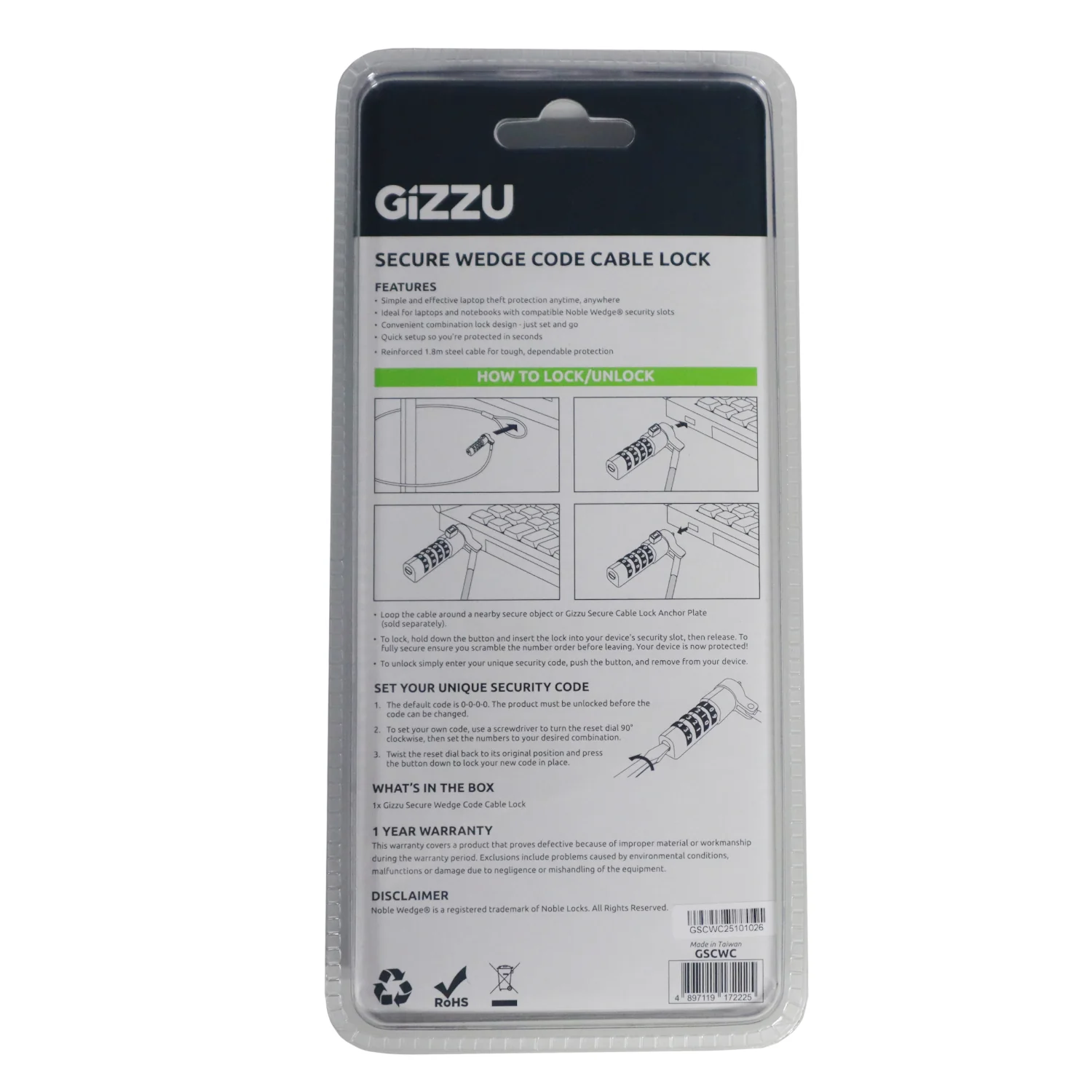 Gizzu Secure Wedge Code Cable Lock 1.8m - Image 2