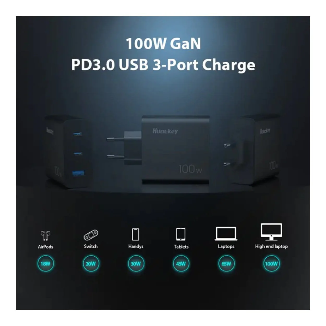 Huntkey 100W GNAN Tri-Port GaN Fast Charger, 2x USB-C + USB-A, PPS, PD3.0 - Image 2