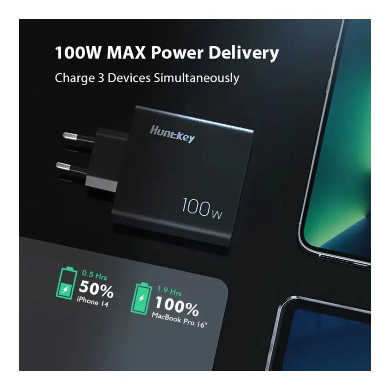 Huntkey 100W GNAN Tri-Port GaN Fast Charger, 2x USB-C + USB-A, PPS, PD3.0 - Image 6