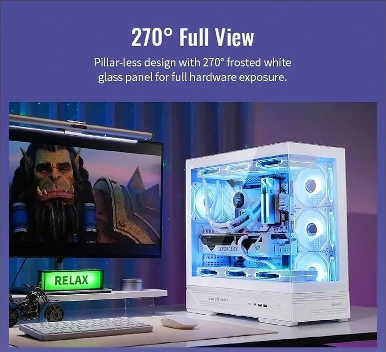 HuntKey GX760A Fortune ATX Gaming Case, White, Dual Tempered Glass, 360mm Liquid Cooler Support - Image 2