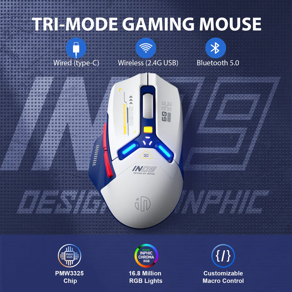Inphic IN9 3-in-1 Mouse – Wired, Bluetooth & Wireless, 10000 DPI, Rechargeable - White - Image 2