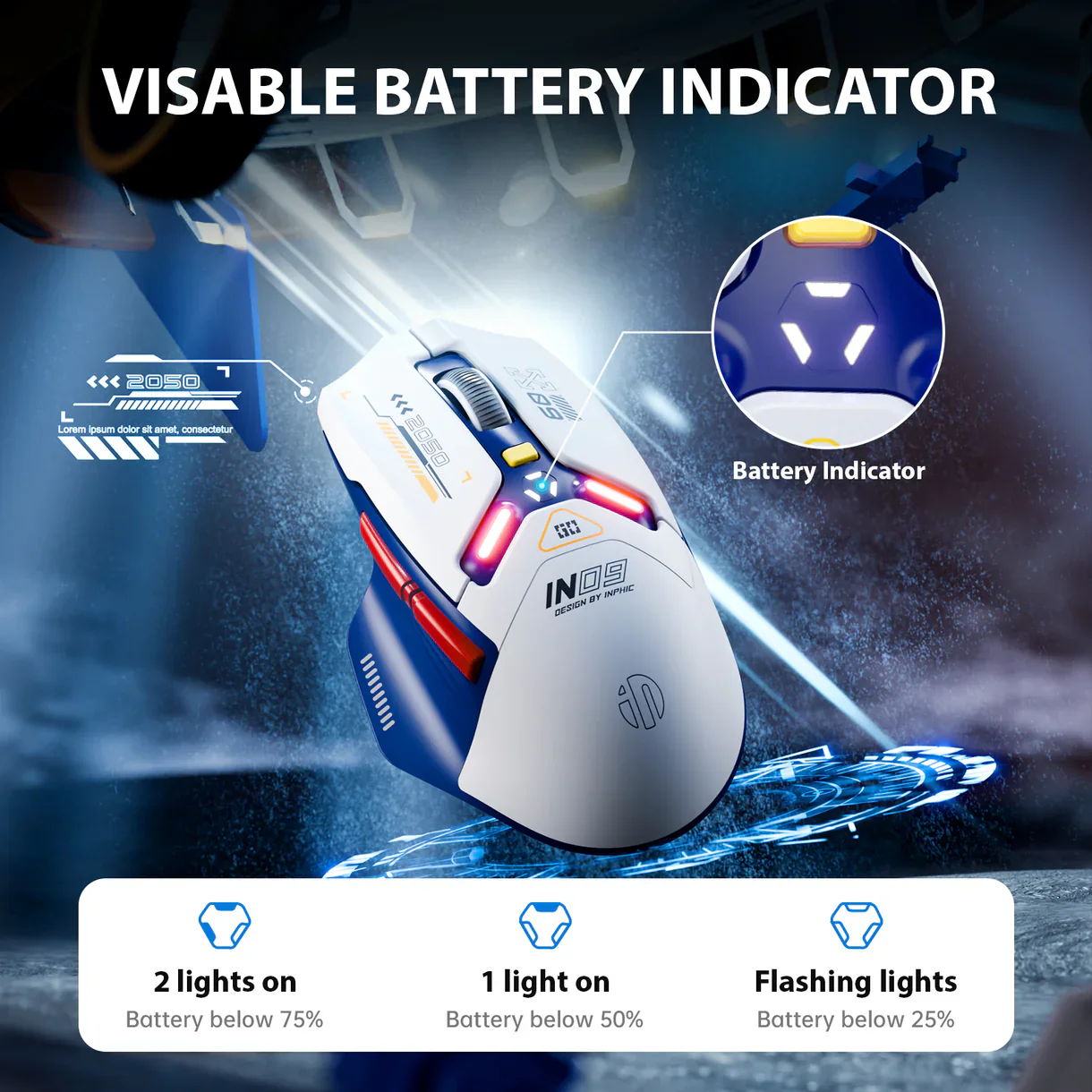 Inphic IN9 3-in-1 Mouse – Wired, Bluetooth & Wireless, 10000 DPI, Rechargeable - White - Image 4