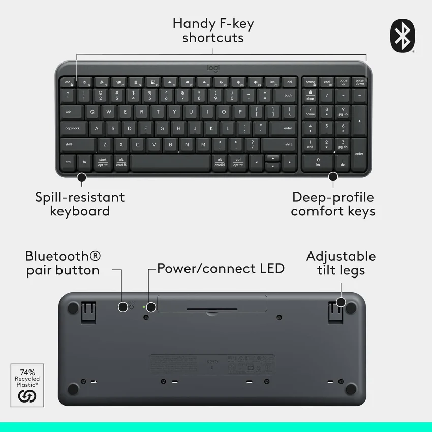 Logitech 920-013451 K250 Wireless Bluetooth Compact Keyboard - Graphite - Image 2
