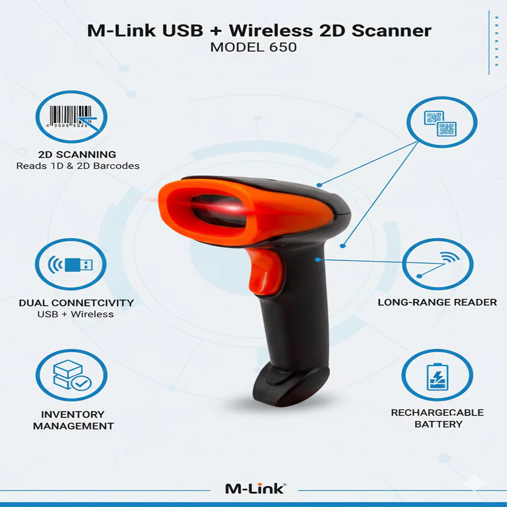 M-Link USB + Wireless 2D Scanner Model 650, Long-Range Barcode Reader, Inventory - Image 7