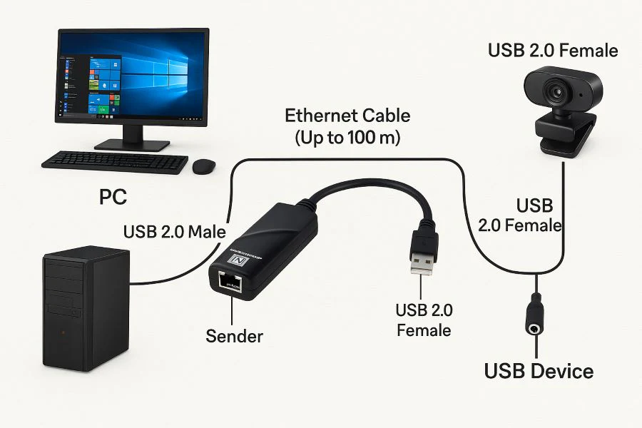 MicroWorld USB Extender Over Cat5/6 – Up to 100M (With External Power Support) USB-RJXT1 - Image 3