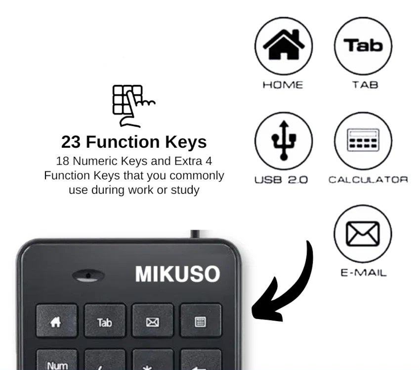 Mikuso KB-047U USB Numeric Keypad – 23 Keys, USB 2.0, 1.5m Cable - Image 2