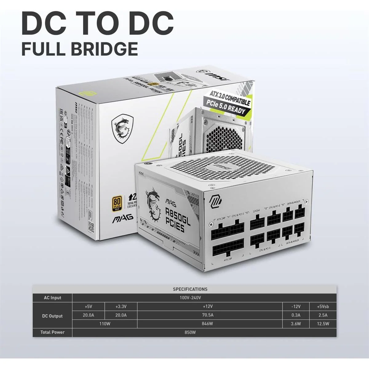 MSI MAG A850GL PCIE5 850W 80 Plus Gold ATX 3.0 Power Supply, White, Fully Modular - Image 3