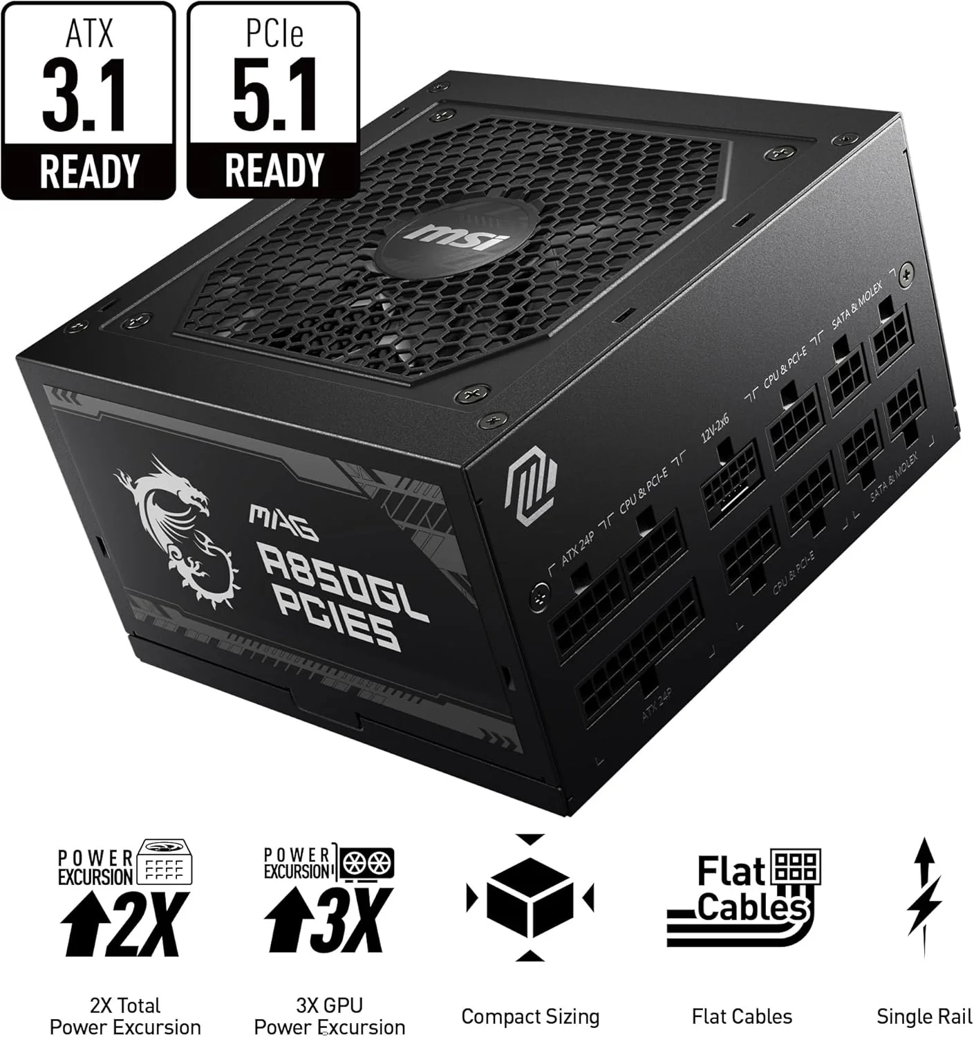 MSI MAG A850GL PCIE5 850W ATX 3.1 Power Supply, 80 Plus Gold, Fully Modular - Image 2