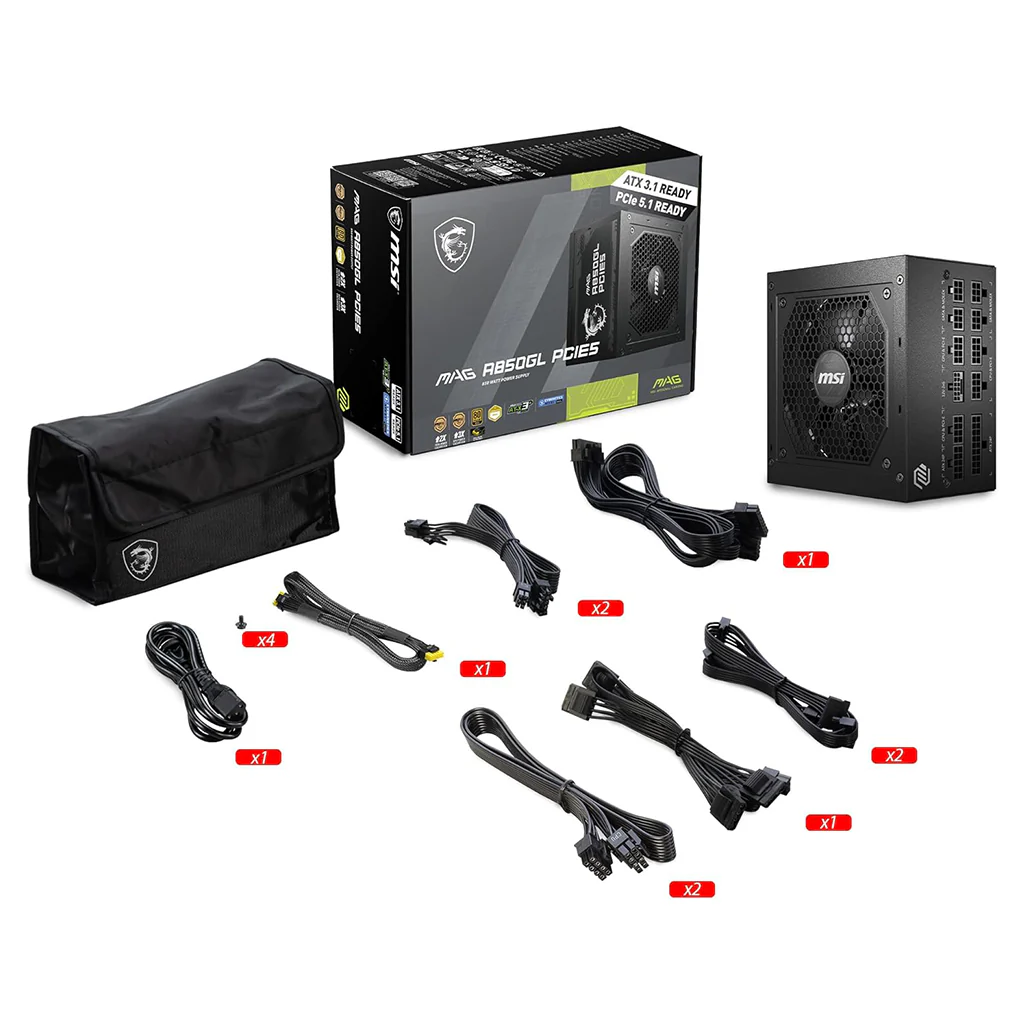 MSI MAG A850GL PCIE5 850W ATX 3.1 Power Supply, 80 Plus Gold, Fully Modular - Image 4