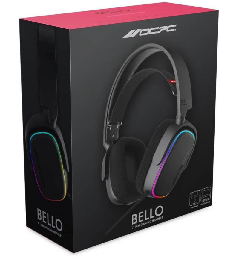 OCPC BELLO RGB Virtual 7.1 Gaming Headset (Black) — USB-C, USB and 3.5mm AUX - Image 5