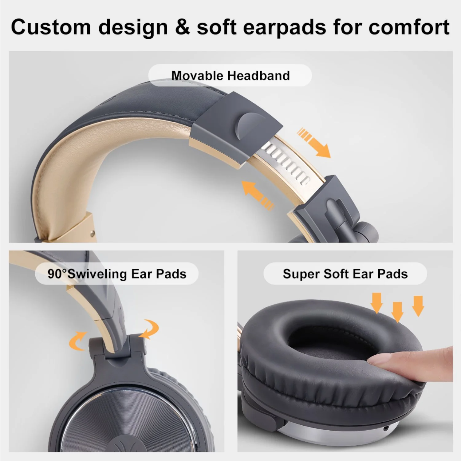 Oneodio Pro 10 Professional Wired Over Ear DJ and Studio Monitoring Headphones - Grey/Gold - Image 2
