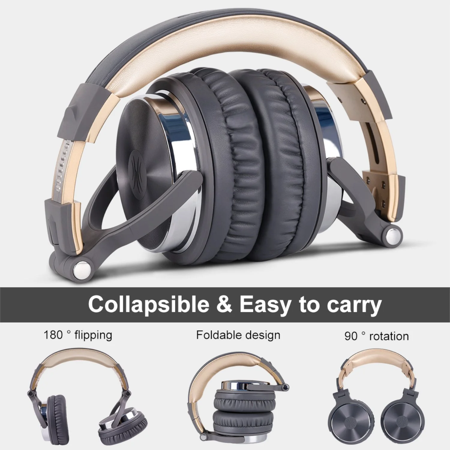 Oneodio Pro 10 Professional Wired Over Ear DJ and Studio Monitoring Headphones - Grey/Gold - Image 3