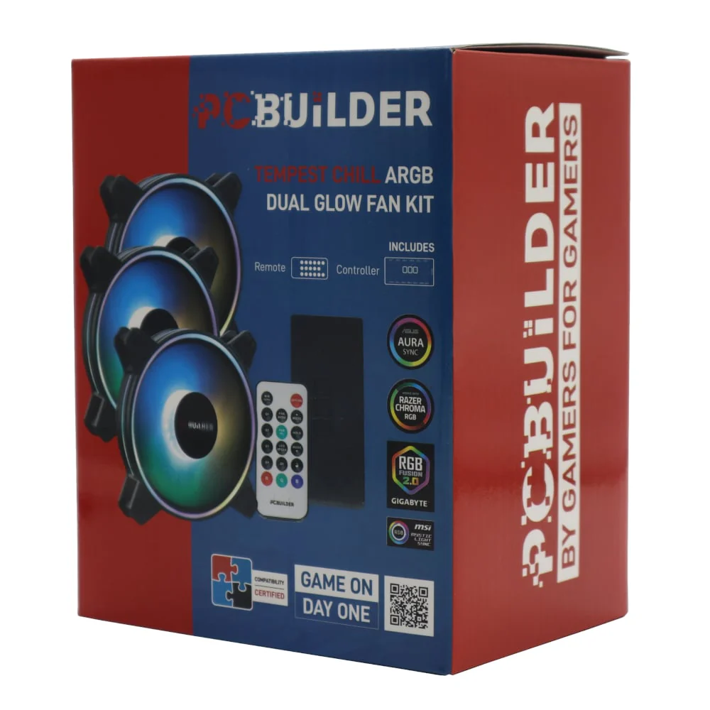 PCBuilder Tempest Chill Fan Kit 3x120MM Dual Glow ARGB Fan + Controller + RF Remote - Image 2