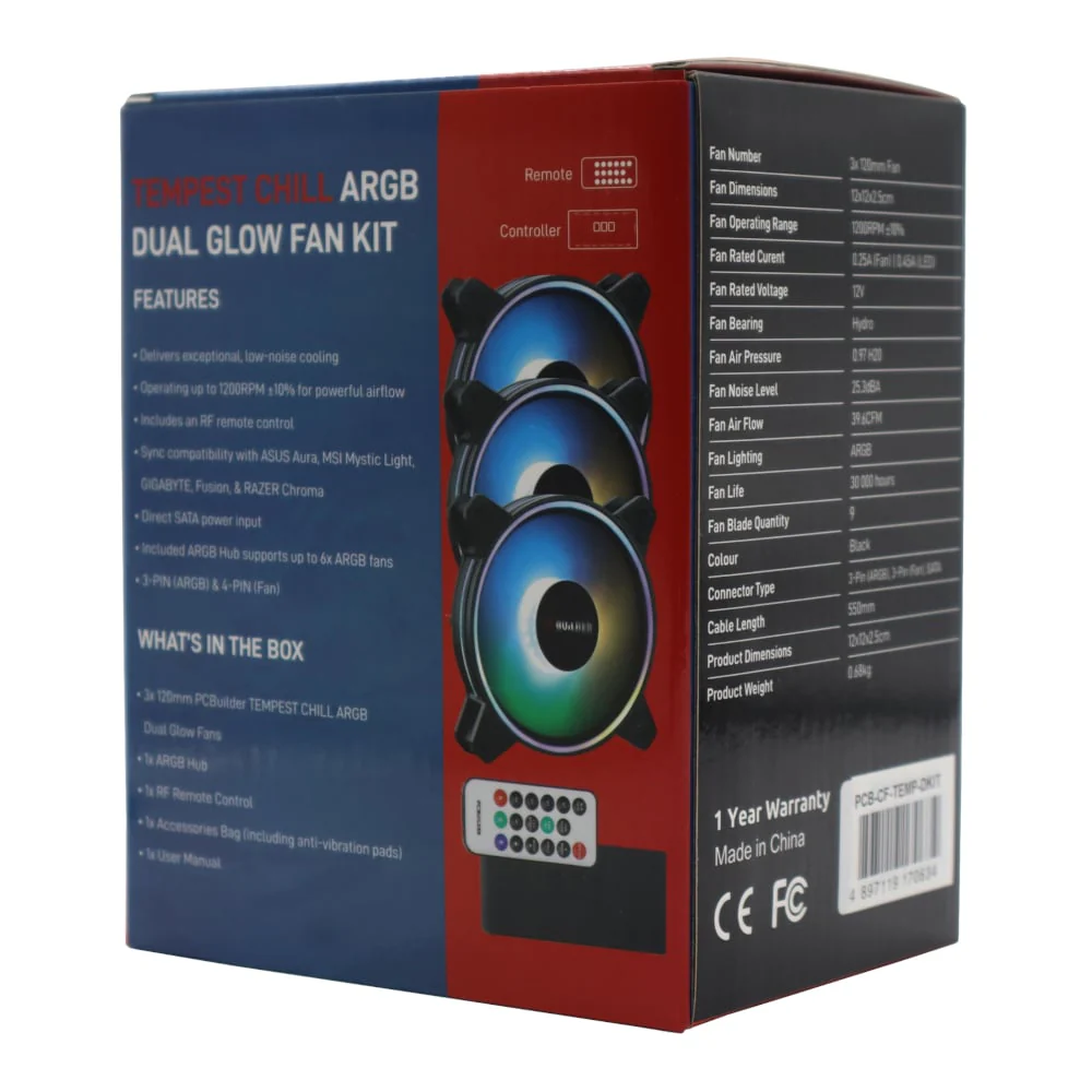 PCBuilder Tempest Chill Fan Kit 3x120MM Dual Glow ARGB Fan + Controller + RF Remote - Image 3