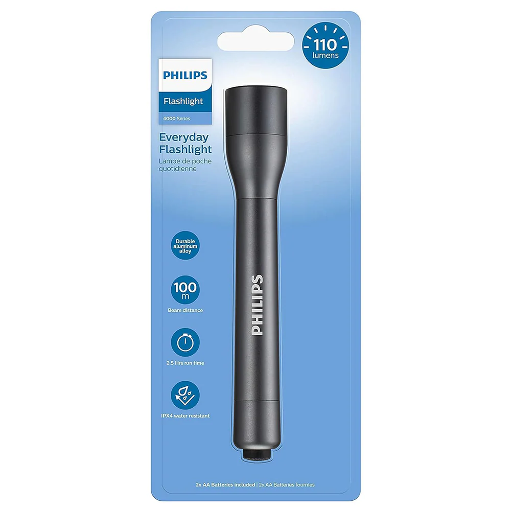 Philips LED Torch SFL4002T/10 with 2 AA Batteries, 110 Lumen