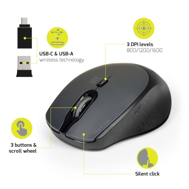 Port Connect Silent 1600DPI 3 Button Wireless Mouse - Black - Image 2