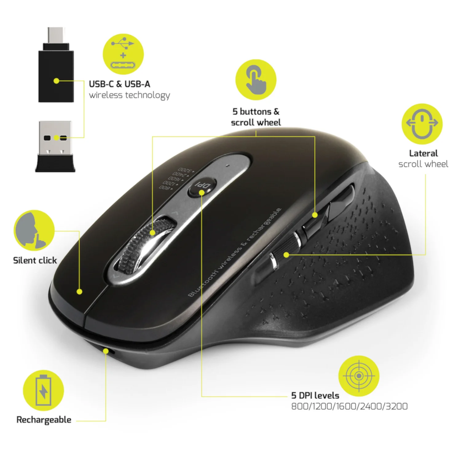 Port Connect Bluetooth Wireless and Rechargeable Executive Mouse - Black - Image 2
