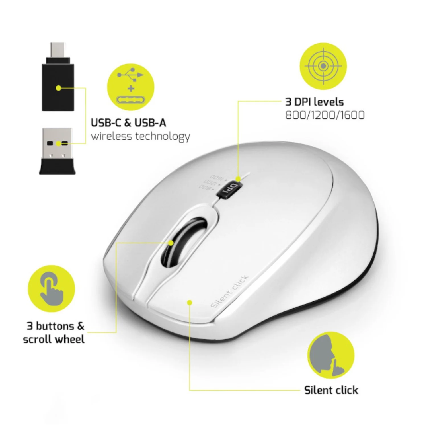 Port Connect Silent 1600DPI 3 Button Wireless Mouse - White - Image 2