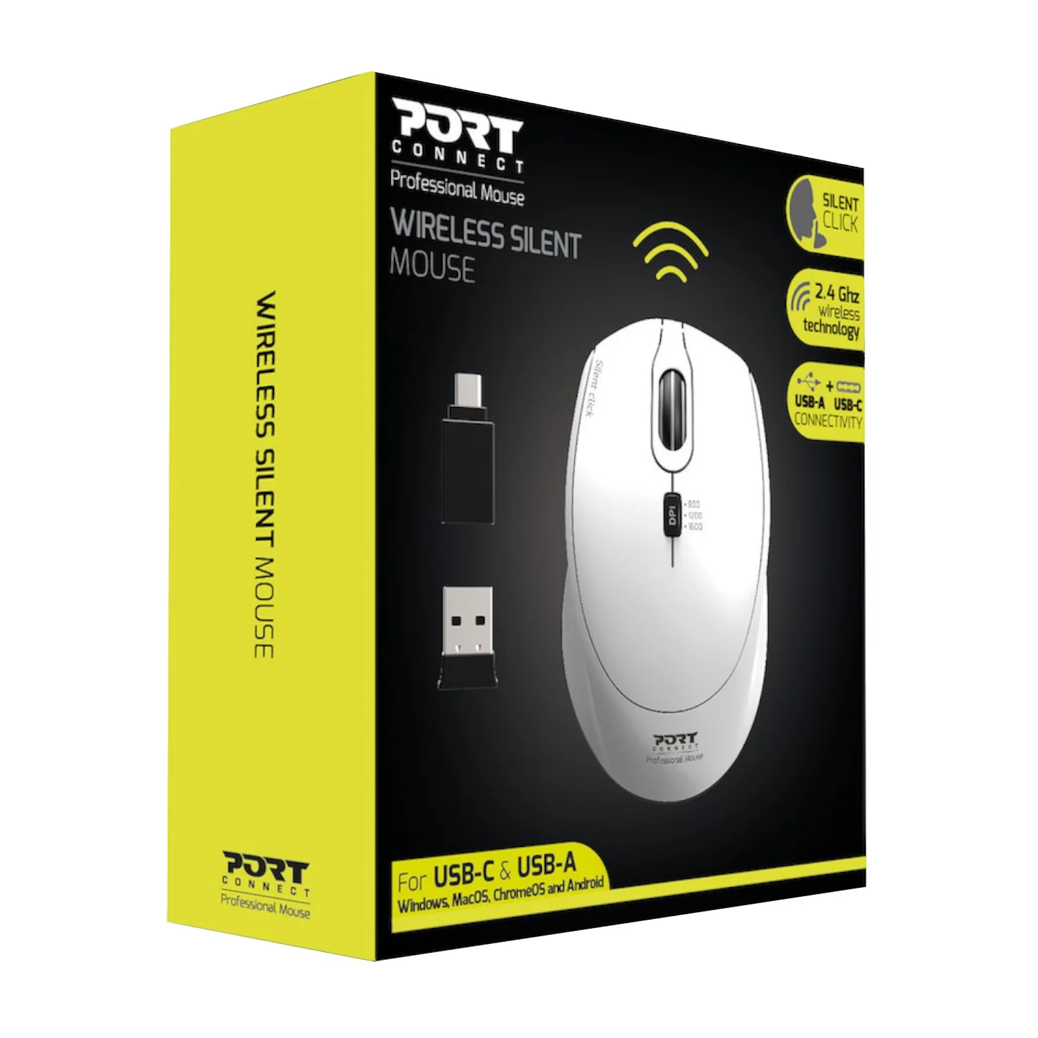 Port Connect Silent 1600DPI 3 Button Wireless Mouse - White - Image 3