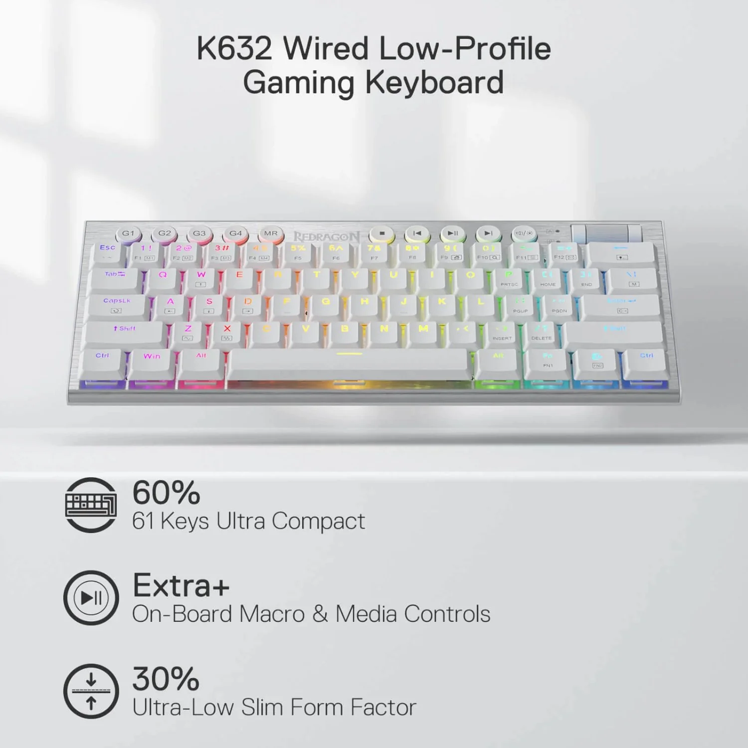 Redragon K632 HORUS Mini 60% RGB Wired Gaming Keyboard – White - Image 2
