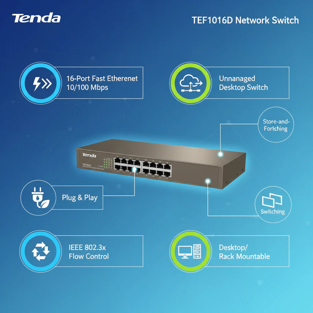 Tenda TEF1016D Unmanaged 16-Port 10/100 Ethernet Switch - Rackmount - Image 3