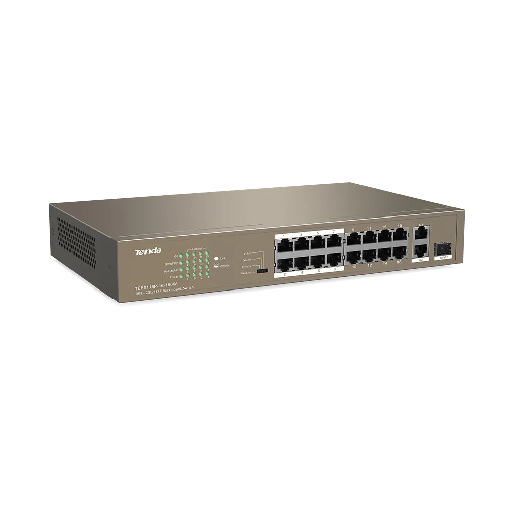 Tenda TEF1118P-16-150W Unmanaged 16-Port Fast Ethernet PoE+ Switch - Rackmount - Image 3