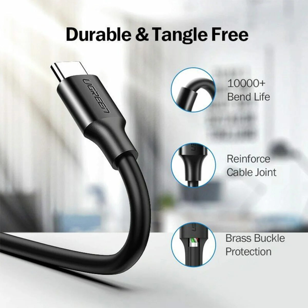 UGreen Type-C to USB 3.0 Cable 2m – Fast Charging 3A, 5Gbps Sync – Black - Image 2