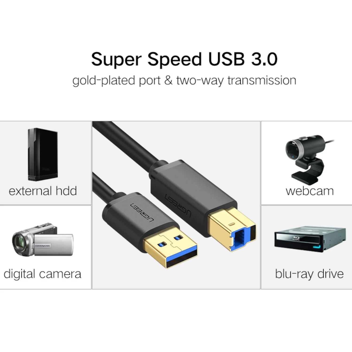 UGreen US210 USB-A Printer Cable 2M - Black - Image 2