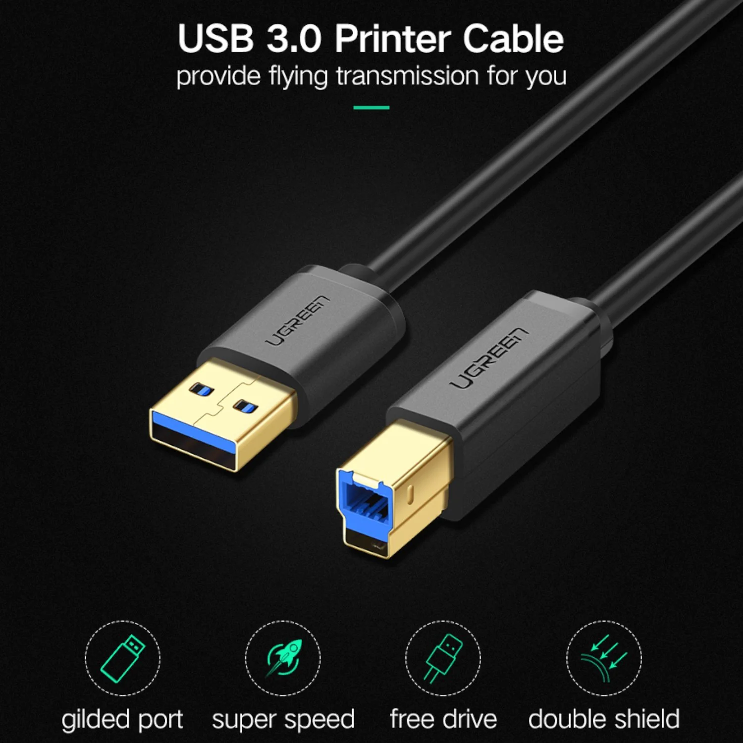 UGreen US210 USB-A Printer Cable 2M - Black - Image 3